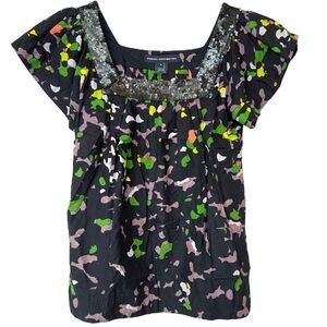 French Connection Top 100% Cotton Sequin Neckline Boho Floral Top Navy Size 4